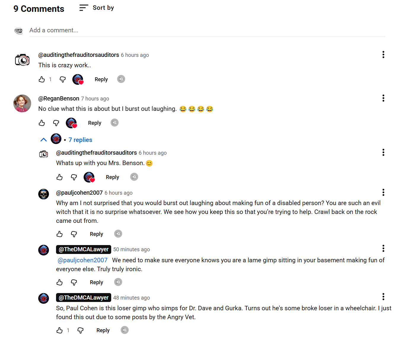 YouTube comments calling wheelchair users slurs