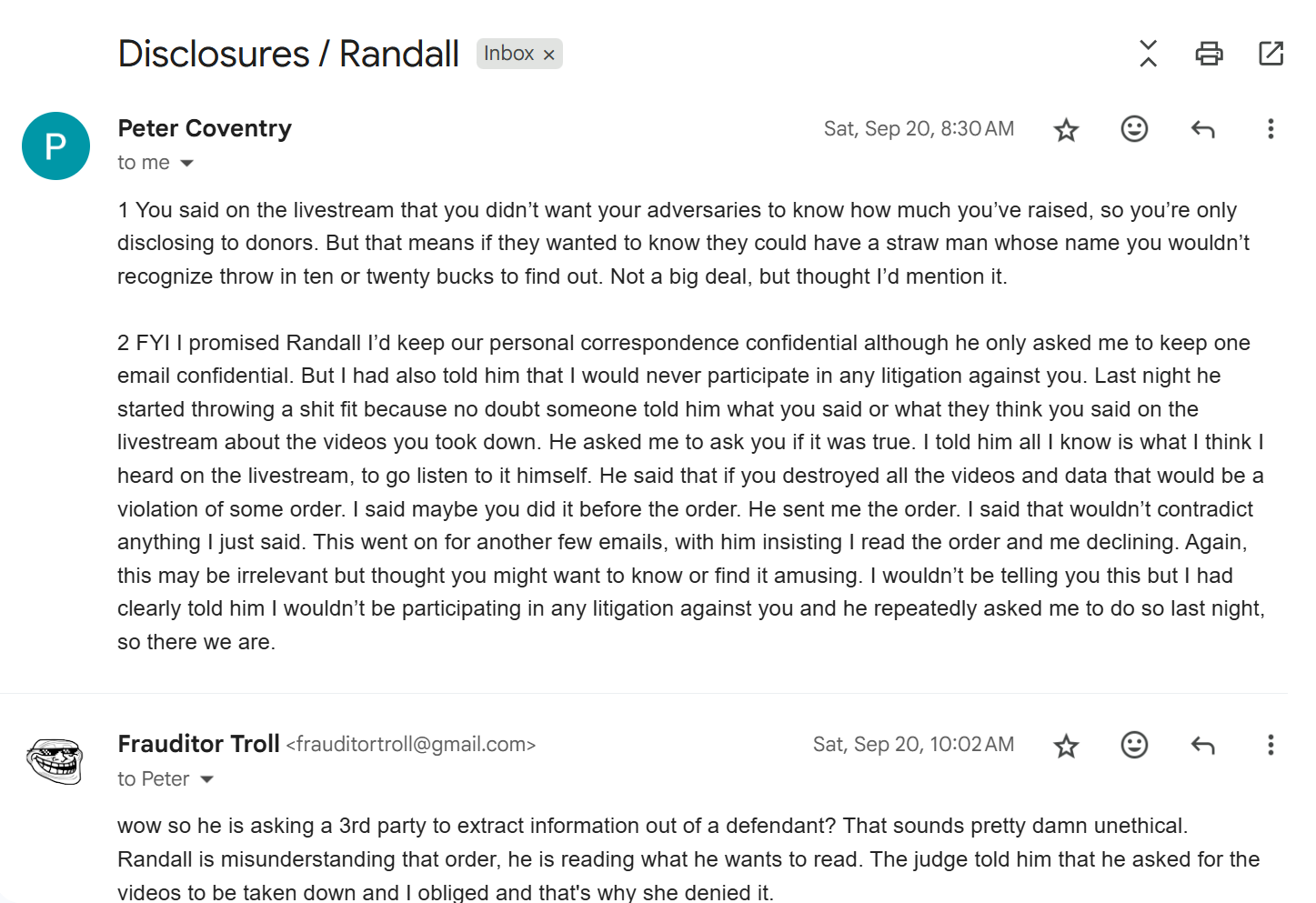 Coventry forwards the emails to the defendant